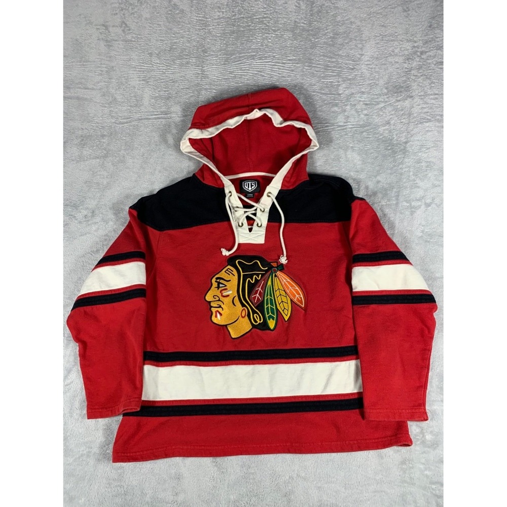 Ots Chicago Blackhawks NHL Hockey Lace Up Hoodie Mens L Red Hooded